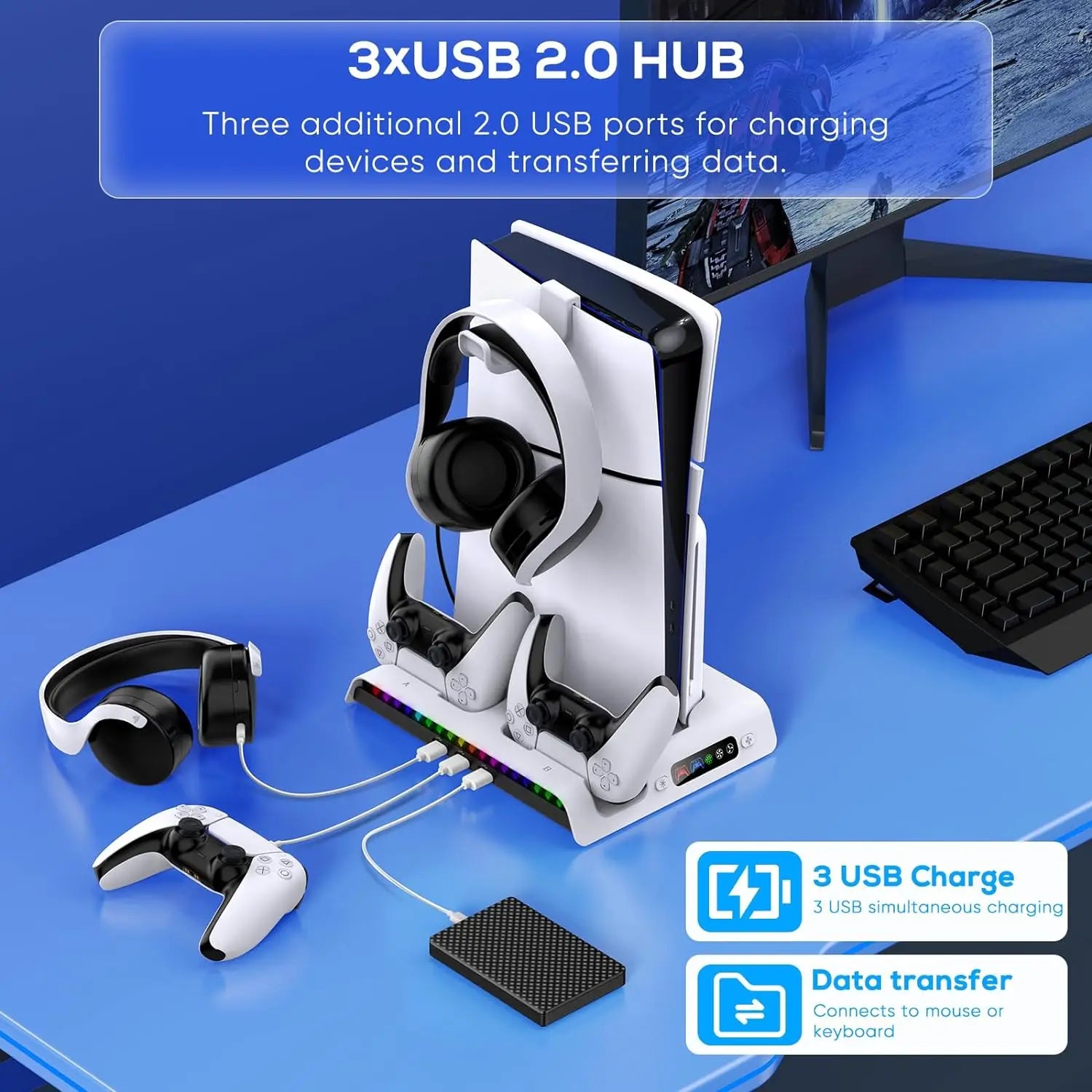 IPEGA Charging Stand with Cooling Fan for PS5 Slim Digital/Disc Console, Dual Controller with 9 RGB Lights PG-P5S006